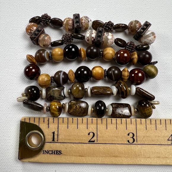 Handmade Beaded Bracelet Trio Chunky Brown Earth Tones Mixed Metals Wood - Picture 6 of 7